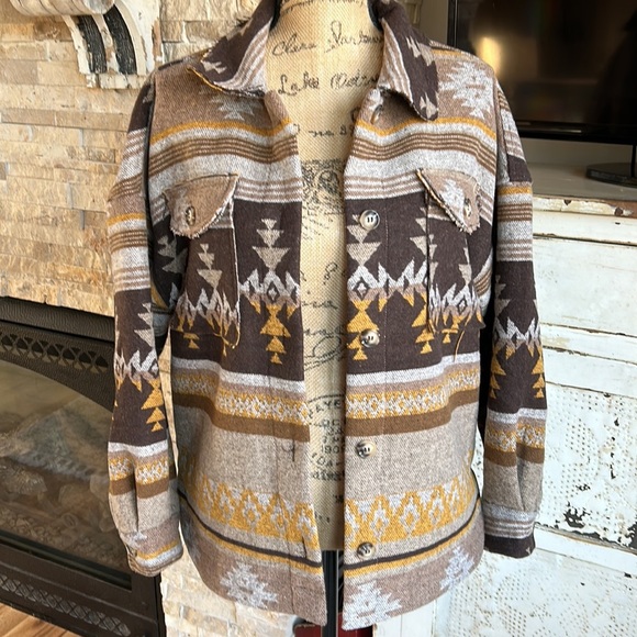 new in raw hem aztec brown tan mustard long sleeve button jacket shacket shirt - Picture 11 of 16